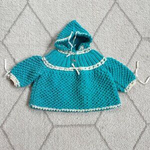 Handmade Vintage Baby Sweater With Hood & Duck Buttons/ Doll Clothes